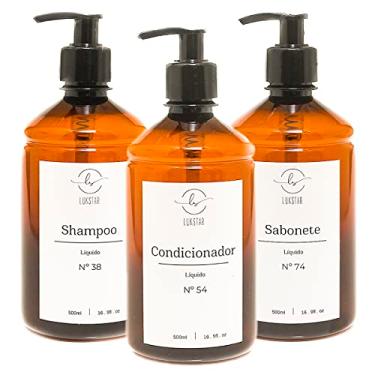 Imagem de Kit Frasco Ambar Banheiro Minimalista 3 Pçs Shampoo Condicionador Sabonete Luxo 500Ml