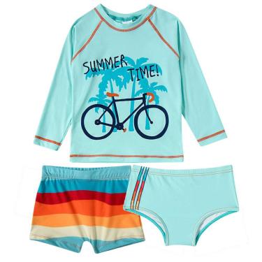 Imagem de Conjunto Praia Infantil Camiseta Sunga e Shorts Praia Trailer Verde Água Tip Top