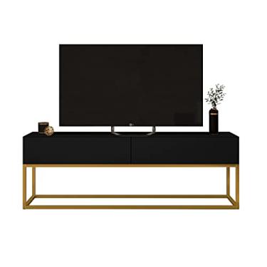 Imagem de rack para sala com 2 gavetas espaçosas eros 1,40m com pes de ferro dourado estilo industrial design moderno (Preto)