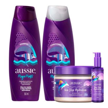 Imagem de Kit Aussie Mega Moist Super Hidratação Shampoo 360ml + Condicionador 360ml + Máscara Non Stop 270ml + Serum Non Stop 95ml 