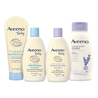 Imagem de Aveeno Baby Mommy & Me Daily Bathtime Gift Set incluindo Baby Wash & Shampoo, Calming Baby Bath & Wash, Baby Moisturizing Lotion & Stress Relief Body Wash for Mom, Soap-Free, 4 itens