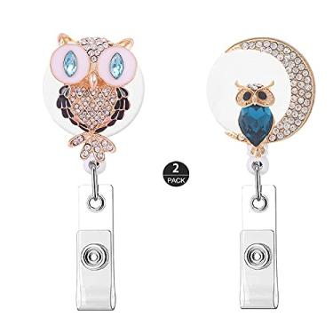 Imagem de ZOEAST(TM) 2 peças de carretel retrátil de diamante com strass fofo, suporte para enfermeiros de escritório, trabalho de escritório, identificação e etiqueta de nome com clipe traseiro de metal, extensão de cabo de 71 cm (pacote com 2 coruja da lua)