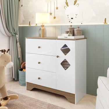 Imagem de Cômoda Infantil 1 Porta com Janelas Losango e 3 Gavetas 100% MDF Cocada Yescasa Branco Brilho/Carvalho