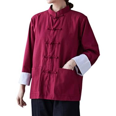 Imagem de HHHH Women's Kung Fu Jacket Frog Button Mandarin Collar Loose Fit Blouse Chinese Tang Shirt Tai Chi Training Uniform (L, 60# Red)