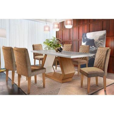 Imagem de Sala de Jantar Completa Alvorada c/ Tampo Madeirado Canto Reto 180cm + 6 Cadeiras Jade Imbuia/Chocolate Capuccino - Rufato