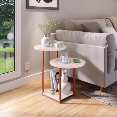 Imagem de Mesa De Apoio Sala Alta Redonda Lateral De Cama Decorativa Cor Off White/Rosê Gold