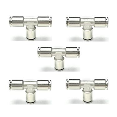 Imagem de VETLEY T de união de encaixe de tubo Push to Connect, tubo de cobre niquelado de 1/4 polegada OD 3 vias em forma de T adaptador de união para airbag e sistema de compressor PTee-1/4 (pacote com 5)
