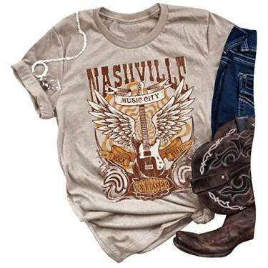 Imagem de Camiseta Nashville Music City Vintage Country feminina Tennessee Guitar Garphic Tees manga curta camisetas retrô música rock (XG, cinza creme)