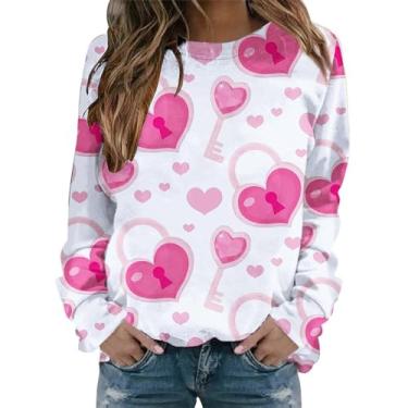Imagem de Camisetas femininas para Dia dos Namorados Love Pink Stripes Valentine Camiseta Slim Fit Raglans Tops manga longa, Branco, GG