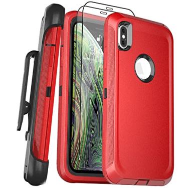 Imagem de BypaBox Capa para iPhone Xs Max com 2 protetores de tela de vidro temperado e clipe de cinto, capa de proteção total capa de telefone resistente de grau militar de 6,5 polegadas (clipe de cinto, vermelho + preto)