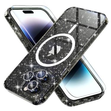 Imagem de Choiche Capa magnética para iPhone 14 Pro Max, capa feminina brilhante com glitter transparente, [3 protetores de lente de câmera diamante] [2 protetores de tela de vidro temperado] [MagSafe compatível] (glitter preto)