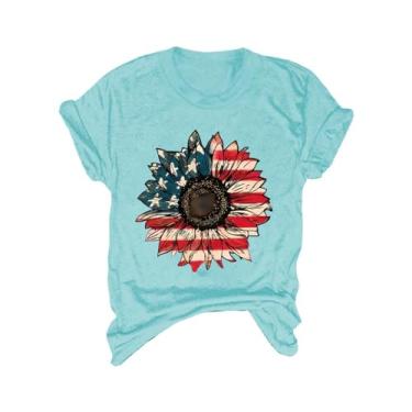Imagem de Camiseta feminina de verão para o Dia da Independência, com estampa de girassol, gola redonda, túnica de manga curta, Azul claro, P