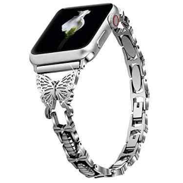 Imagem de VIQIV Pulseira feminina de relógio inteligente compatível com Apple Watch Ultra de 38 mm, 40 mm, 41 mm, 42 mm, 44 mm, 45 mm, 49 mm, iWatch séries 9, 8, 7, 6, 5, 4, 3, 2 e SE, de aço inoxidável