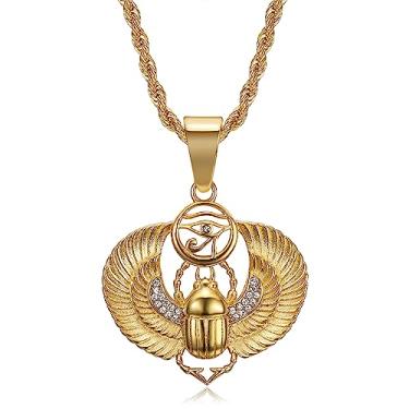 Imagem de NEGS Colar de aço inoxidável banhado a ouro 18 K Olho de Hórus e Escaravelho Egípcio Ankh Cruz Pingente para Homens e Mulheres, Corrente de Corda de 61 cm Amuleto Religioso Presente, Aço inoxidável