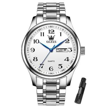 Imagem de OLEVS Relógio masculino de aço inoxidável, analógico, quartzo, para homens, data, data fácil, diamante, à prova d'água, vestido luxuoso, clássico, casual, mostrador grande, azul/preto/ouro/prata