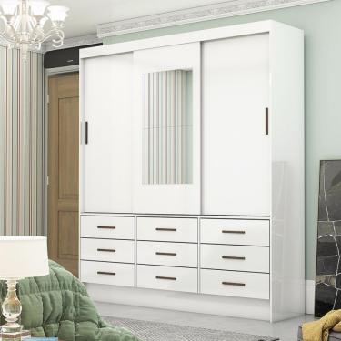 Imagem de Guarda Roupa Casal com Espelho 3 Portas de Correr 9 Gavetas Sevilha Carioca Móveis - Branco