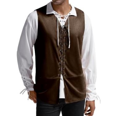 Imagem de Runcati Colete masculino medieval renascentista pirata gótico fantasia de Halloween camurça com cadarço reversível, Marrom, M