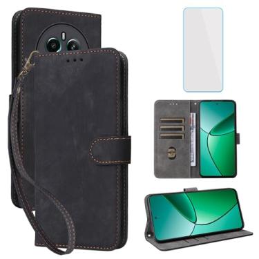 Imagem de IUQXU Capa carteira para celular Realme 12 Plus 5G com protetor de tela [bloqueio RFID] Suporte de cartão flip de couro com alça de pulso feminina e masculina para celular Realme 12+ 12Plus 5G preta