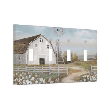 Imagem de Farmhouse Barn Quad Toggle Light Switch Cover Decorativa 4 Gang Placa de Parede Flores Rústicas Moinhos de Vento Placa Elétrica para Casa de Banho Quarto Sala de Estar Decoração de Casa