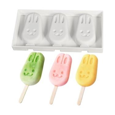 Imagem de 1 pacote com moldes de picolé em forma de coelho fofo moldes de silicone para picolé, 3 cavidades, moldes de picolé para crianças, adultos, molde de sorvete, molde de bolo, faça você mesmo, máquina de