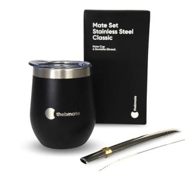 Imagem de thebmate Conjunto clássico de erva mate – copo mate de aço inoxidável de parede dupla – cabaça mate com tampa resistente a derramamentos, canudo Bombilla e escova de limpeza (236 g) (preto puro)