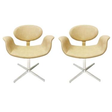 Imagem de Cadeira Tulipa Bege Estofada com Braço base Giratória em Alumínio Kit 