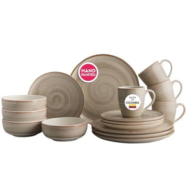 Imagem de Corona Conjunto de louça de cerâmica versátil pintado à mão com 16 peças rústico estético | pratos, tigelas e canecas | Serviço para 4 | Caoba cinza