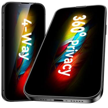 Imagem de Esanik Pacote com 2 protetores de tela antiespião 360 de 4 vias para iPhone 14 Plus/13 Pro Max, vidro temperado de 6,7 polegadas, moldura de instalação, dureza 9H, fácil instalação