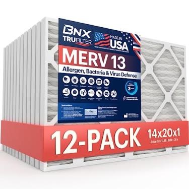 Imagem de BNX Filtro de ar TruFilter para forno CA MERV 13 14 x 20 x 1 (pacote com 12) – Feito nos EUA – Filtros de ar condicionado plissados eletrostáticos HVAC AC – Remove pólen, mofo, bactérias, fumaça
