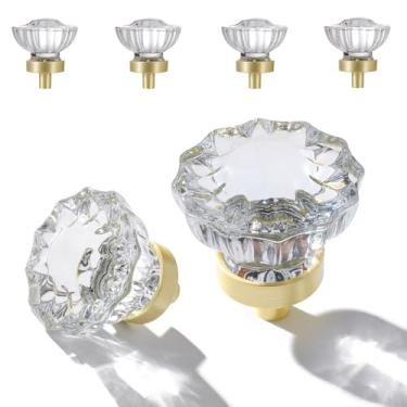 Imagem de CEYMIO Puxadores de cristal para gavetas puxador de vidro dourado escovado, puxadores antigos de armário vintage para gaveta armário cômoda armário, base de latão acetinado de 3 cm puxadores