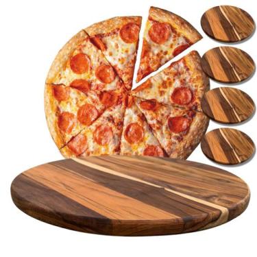 Imagem de Kit 4 Tábuas 35Cm De Madeira Teca Para Cortar E Servir Pizzas - Brasa 