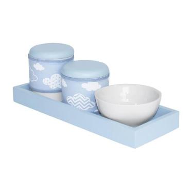 Imagem de Kit Higiene Slim Azul Capa Nuvem Chevron Azul Quarto Bebê Menino - Pot