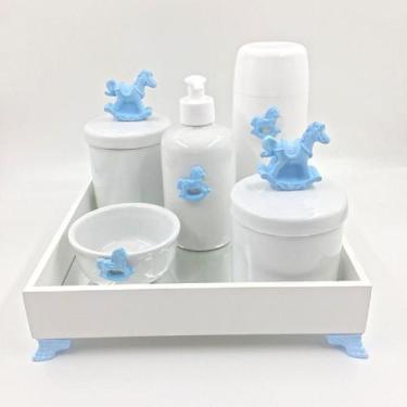 Imagem de Kit Higiene Bebê Porcelana Cavalinho Azul Bandeja Mdf Garrafa 6pçs - T