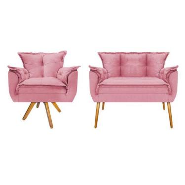 Imagem de Kit Namoradeira e Poltrona Opala Base Giratória de Madeira Suede Rosa 