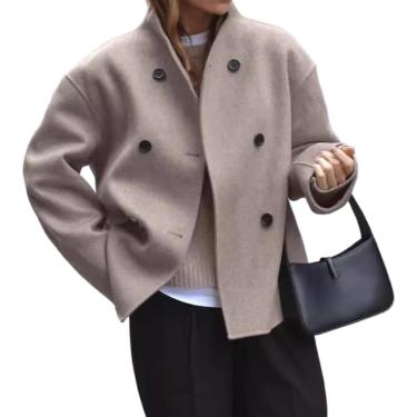 Imagem de Casaco feminino duplo breasted casual mistura de lã de inverno jacet gola manga longa casacos de ervilha, cáqui, s