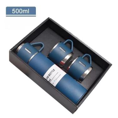 Imagem de Kit Garrafa Térmica Vacuum 500ml Com 3 Xícaras - Flask, Azul