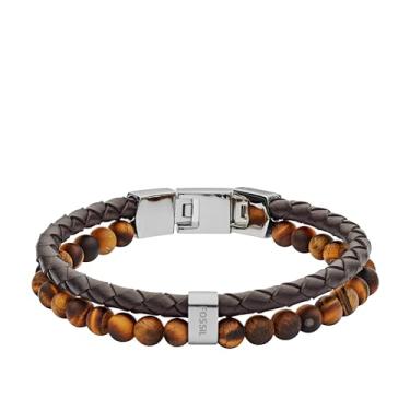 Imagem de Fossil Pulseira masculina de aço inoxidável e couro legítimo com contas, 180mm - 195mm, Couro