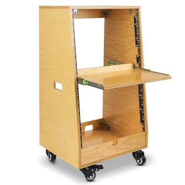 Imagem de Sound Town Rack de estúdio inclinado 16U DIY (8U superior + 8U inferior), com armazenamento inferior de 2U, bandeja deslizante, rodízio, madeira compensada, carvalho dourado para sala de gravação