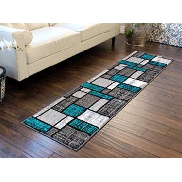 Imagem de Masada Rugs, Stephanie Collection Tapete de área moderno design contemporâneo 1110 turquesa cinza branco preto (2 pés x 7 pés 3 polegadas) corredor