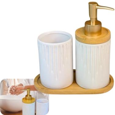 Imagem de Kit Lavabo com Bandeja – Kit Banheiro Saboneteira e Conjunto para Banheiro – Inclui Porta Escova, Sabonete Líquido e Bandeja de Bambu – Design Elegante e Moderno para Pia