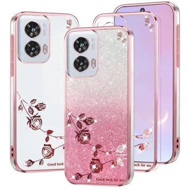Imagem de Kainevy Capa para Motorola Edge 50 Fusion transparente com glitter fofo rosa floral para mulheres meninas capa para celular Motorola Edge 50 Fusion capa protetora de silicone à prova de choque fina
