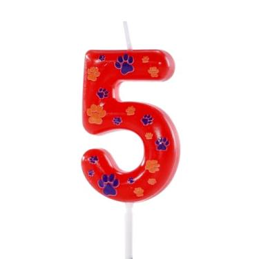 Imagem de Topo de bolo com tema de pata de cachorro número 5 vermelho azul, velas de aniversário de patrulha canina para crianças/bebês/crianças/meninos/meninas comemorando e decorando suprimentos de festa.