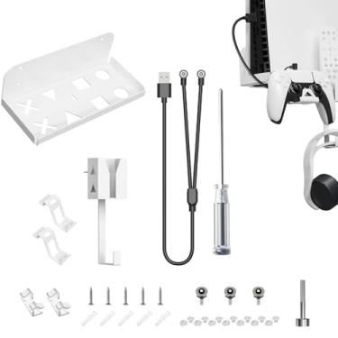 Imagem de Geekria 6 in 1 Wall Mount Kit Compatible with SONY Playstation5 Slim Console, Disc & Digital Edition Metal Wall Hanging Stand, with 2-in-1 Magnetic Charging Cable/Headset Hanger/Remote Box (White)