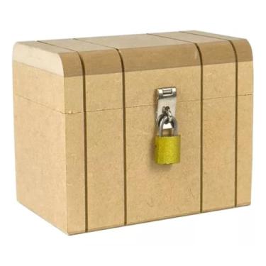 Imagem de Caixa Baú De Madeira Pequeno Em Mdf Cru Com Fecho para Cadeado (BAÚ PEQUENO + CADEADO)