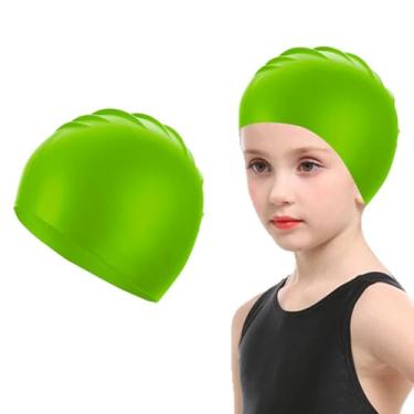 Imagem de Doovid Toucas de natação infantis à prova d'água para meninos e meninas de 3 a 8 anos, touca de banho de silicone de cabelo longo e curto, Verde, tamanho �nico
