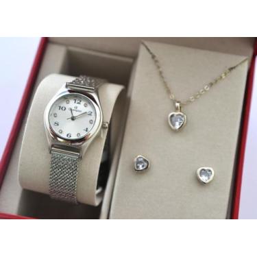 Imagem de Relogio champion feminino pequeno mini prateado + kit semi joia cf2406