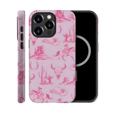 Imagem de TnXee Capa compatível com iPhone 14 Pro, compatível com MagSafe, capas para meninas e meninos, capa de celular híbrida de 2 camadas de proteção contra quedas, chapéu rosa cavalo cowboy ocidental