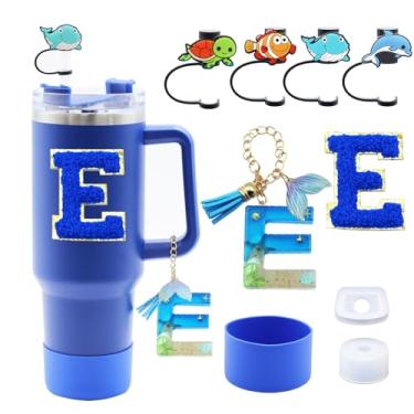 Imagem de Liangang Conjunto de acessórios de copo Stanley azul oceano, 9 peças, incluindo bota, tampa à prova de derramamento, 4 peças de capa de canudo de animais, pingente de alça de iniciais e carta adesiva