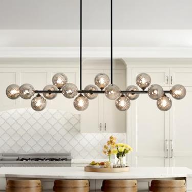 Imagem de Kwpcvz Lustres Modernos De 16 Luzes Para Sala De Jantar, Grandes Luzes Pendentes, Ilha De Cozinha, Luminária De Sala De Jantar De Fazenda, Lustre Linear De Vidro Cinza, Lustre De Fazenda, Grande Lus