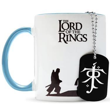 Imagem de Caneca de café O Senhor dos Anéis – Design Silhueta de Personagem, Branca com Alça Azul, Inclui Medalhão de Metal Grátis – Presente Colecionável e Utensílios para Bebidas